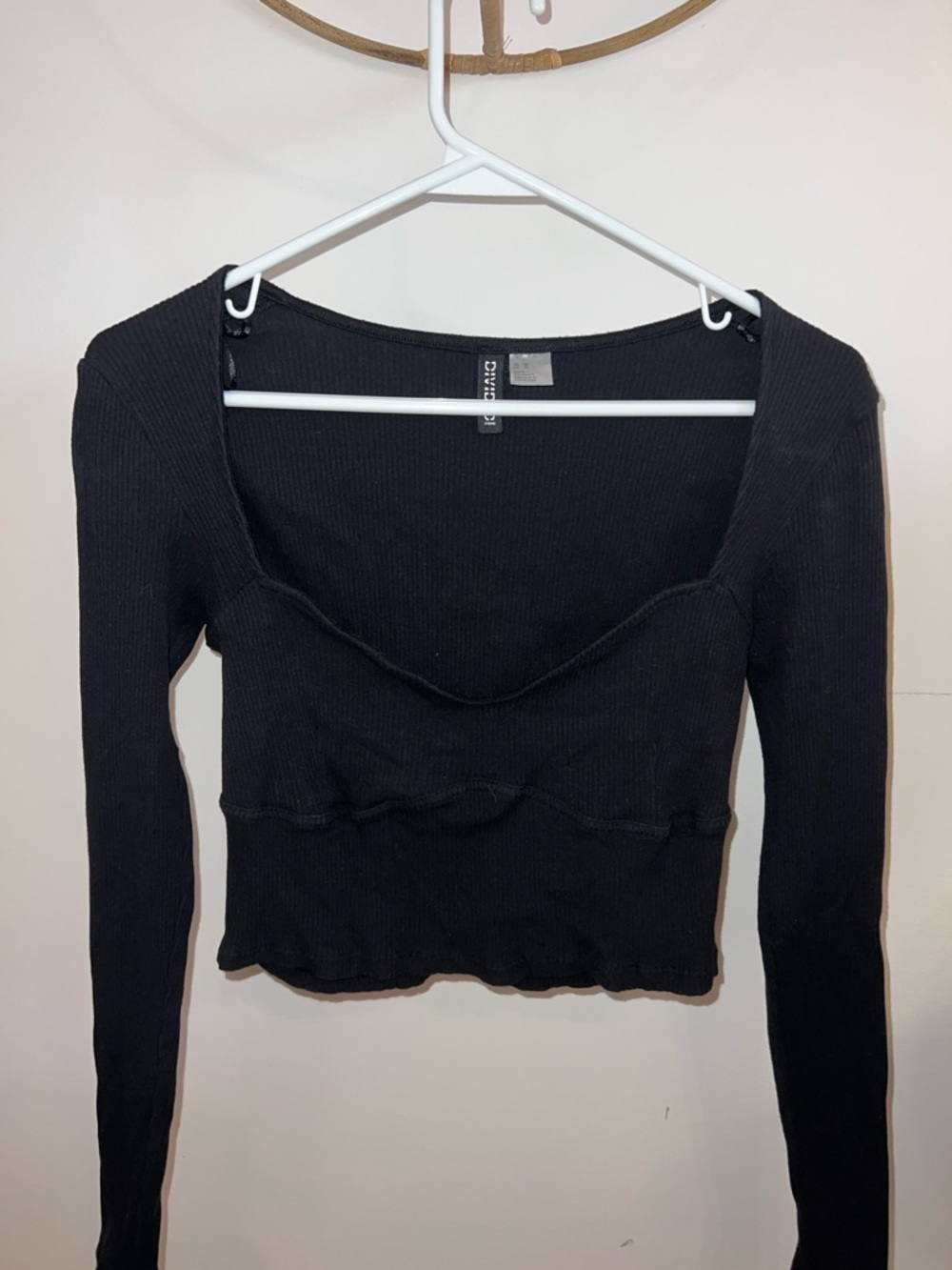 Divided Black Ribbed Scoop-Neck Long Sleeve Top